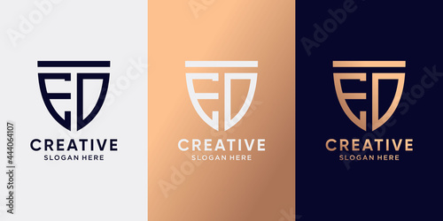 Creative monogram shield logo design initial letter ED with line art style. Logo icon for business company and personal