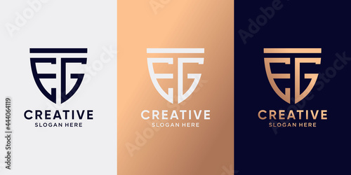 Creative monogram shield logo design initial letter EG with line art style. Logo icon for business company and personal