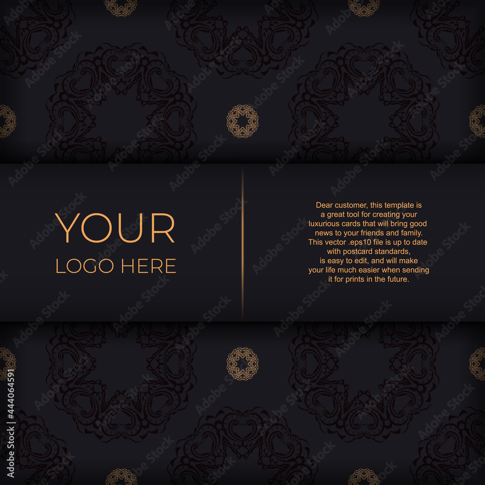 Black luxury postcard design with gold vintage mandala ornament. Can be used as background and wallpaper. Elegant and classic vector elements are great for decoration.