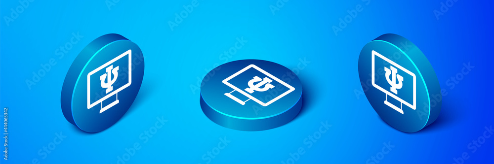 Isometric Online psychological counseling distance icon isolated on blue background. Psychotherapy, psychological help, psychiatrist online consulting. Blue circle button. Vector Isometric Online psychological counseling distance icon isolated on blue background. Psychotherapy, psychological help, psychiatrist online consulting. Blue circle button. Vector