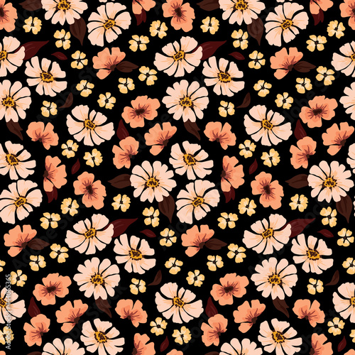 Seamless floral pattern with a mix of various small flowers. Blooming meadow on a dark background. Vector illustration.