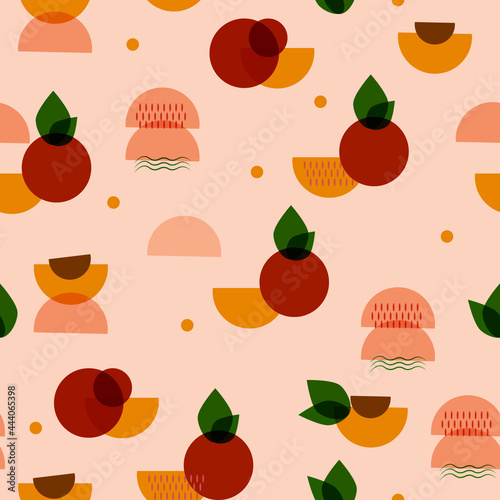Tropical peach fruit pattern vector. Whole peaches and pitted halves. Green leaves on a pastel peach background. Abstract fruits for printing on packaging, paper, textiles. Summer fruits.