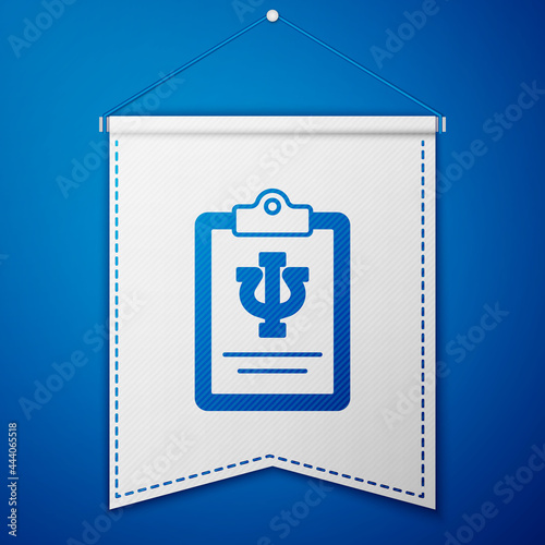 Blue Psychology icon isolated on blue background. Psi symbol. Mental health concept, psychoanalysis analysis and psychotherapy. White pennant template. Vector