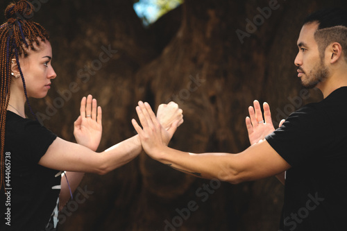 Canvas Print couple practicing kung fu in the park
