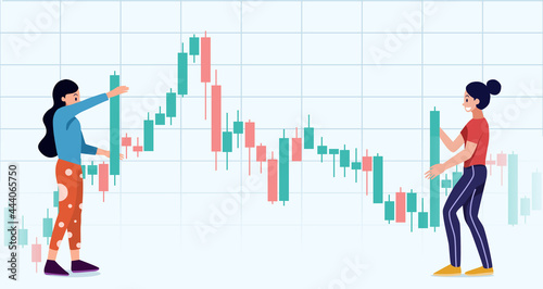 Young women holding candlestick buy and sell sign,money investing concepts,internet earning cash study,Making cash on the internet, vector illustration