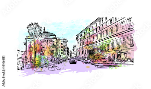 Building view with landmark of Imperia is the 
city in Italy. Watercolor splash with hand drawn sketch illustration in vector.