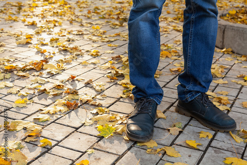 Legs man in autumn park among fallen leaves