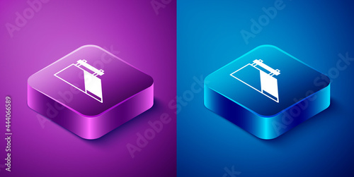 Isometric Skate park icon isolated on blue and purple background. Set of ramp, roller, stairs for a skatepark. Extreme sport. Square button. Vector