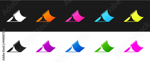 Set Skate park icon isolated on black and white background. Set of ramp, roller, stairs for a skatepark. Extreme sport. Vector