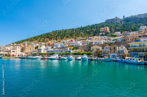 Kalymnos harbour view from sea. Kalymnos Island is a popular tourist destination in Greece. © nejdetduzen
