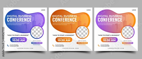 Digital business conference social media post template design. Modern square banner with place for the photo. Usable for social media, banner, and website.