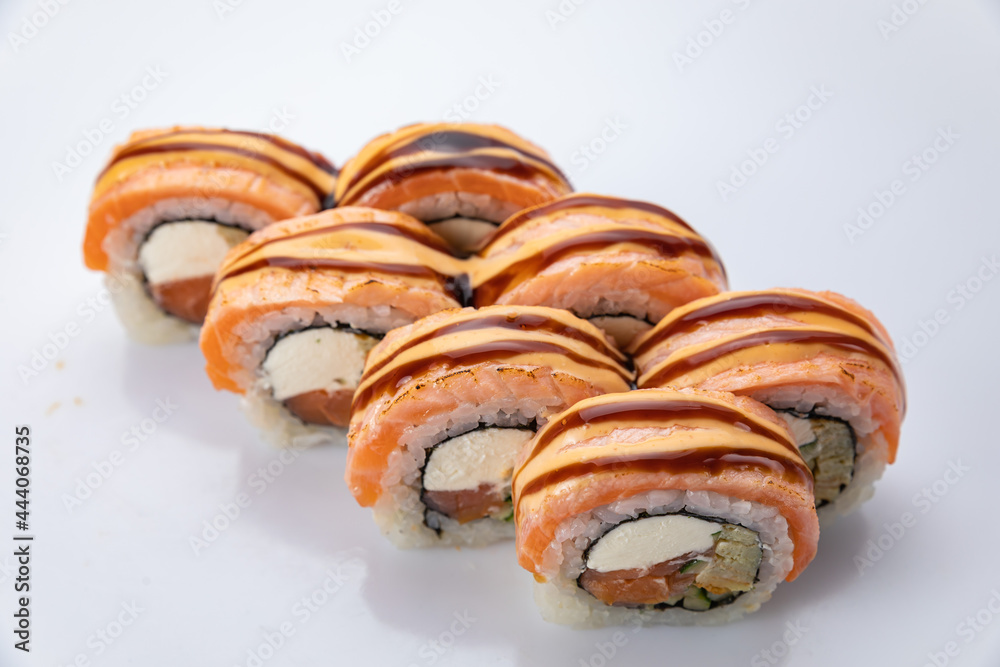 Japanese cuisine. Rolls on a white background
Japanese cuisine. Rolls on a white background