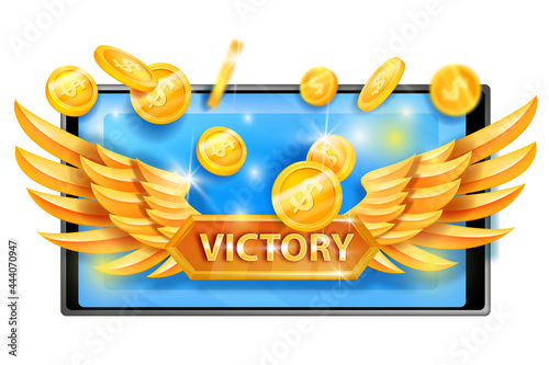 Victory game concept, winner reward vector icon, dollar coins, smartphone screen, golden wings. Casino jackpot concept, competition award illustration, mobile app interface design. Victory game logo