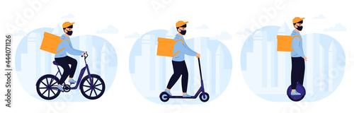 Delivery man delivers food by electric bike, scooter, monowheel. Eco transport. Transportation and green vehicle