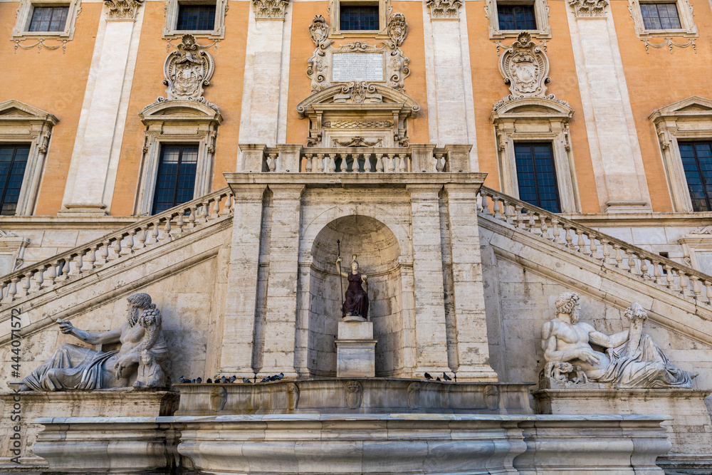 Front view of the Palazzo Senatorio (Senatorial Palace) and Fontana della Dea Roma in The Piazza del Campidoglio on top of the Capitoline Hill in Rome, Italy