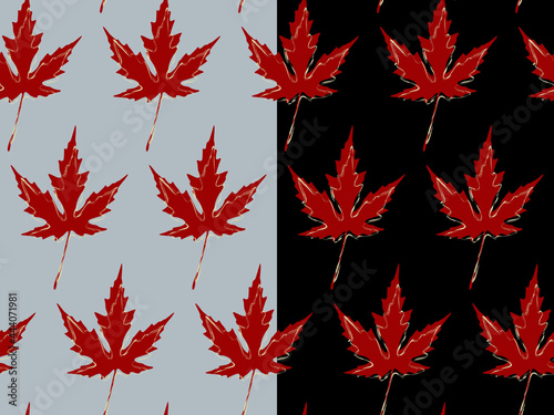 Autumn leaves, natural maple geometrical seamless pattern. Scribbled cream color contour, red background. Black, blue editable backdrop