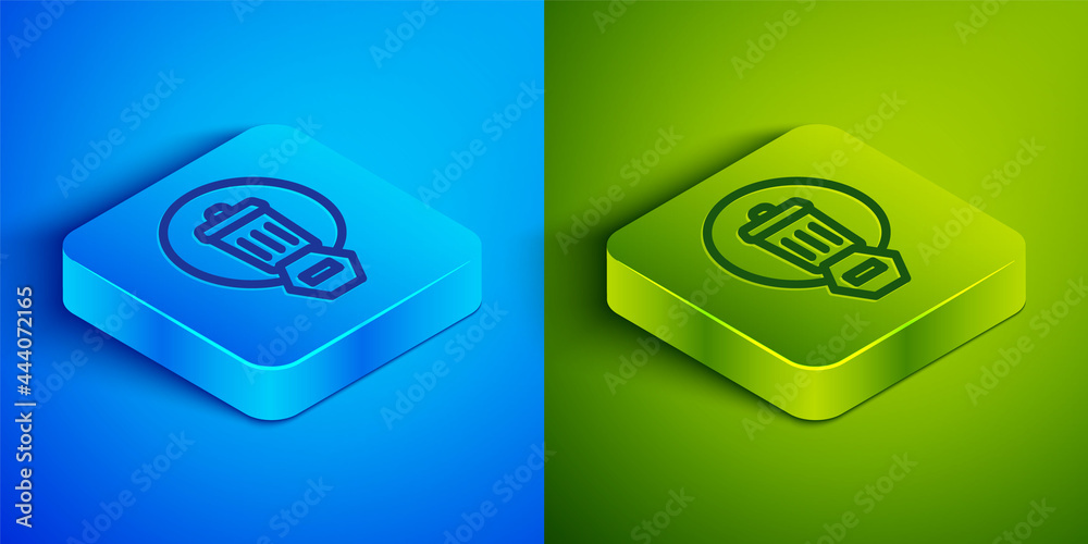 Isometric line Trash can icon isolated on blue and green background. Garbage bin sign. Recycle basket icon. Office trash icon. Square button. Vector Isometric line Trash can icon isolated on blue and green background. Garbage bin sign. Recycle basket icon. Office trash icon. Square button. Vector