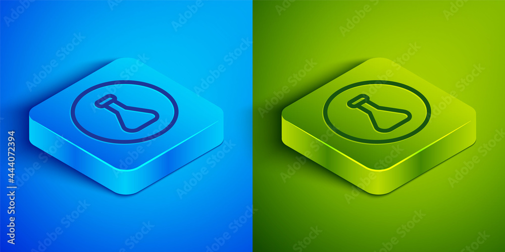 Isometric line Test tube and flask chemical laboratory test icon isolated on blue and green background. Laboratory glassware sign. Square button. Vector Isometric line Test tube and flask chemical laboratory test icon isolated on blue and green background. Laboratory glassware sign. Square button. Vector