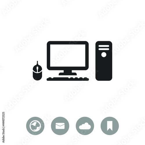 Computer case with monitor, keyboard and mouse, vector icon.