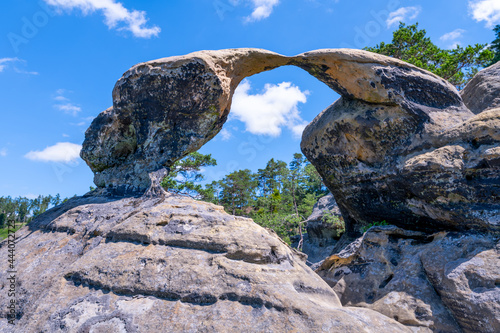 Unique sandstone arch in pine forest on dry sunny summer day. Bohemian Paradise, Czech Republic photo