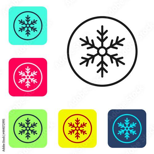 Black line Snowflake icon isolated on white background. Merry Christmas and Happy New Year. Set icons in color square buttons. Vector