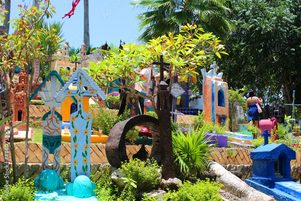 Mexican bright cemetery in Xcaret, famous ecotourism and archaeological ...