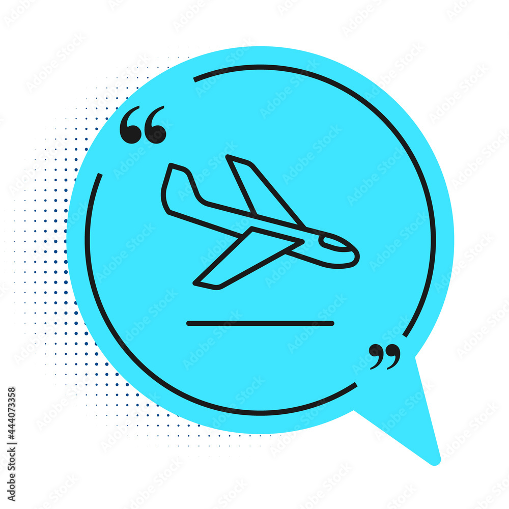 Black line Plane landing icon isolated on white background. Airplane transport symbol. Blue speech bubble symbol. Vector Black line Plane landing icon isolated on white background. Airplane transport symbol. Blue speech bubble symbol. Vector