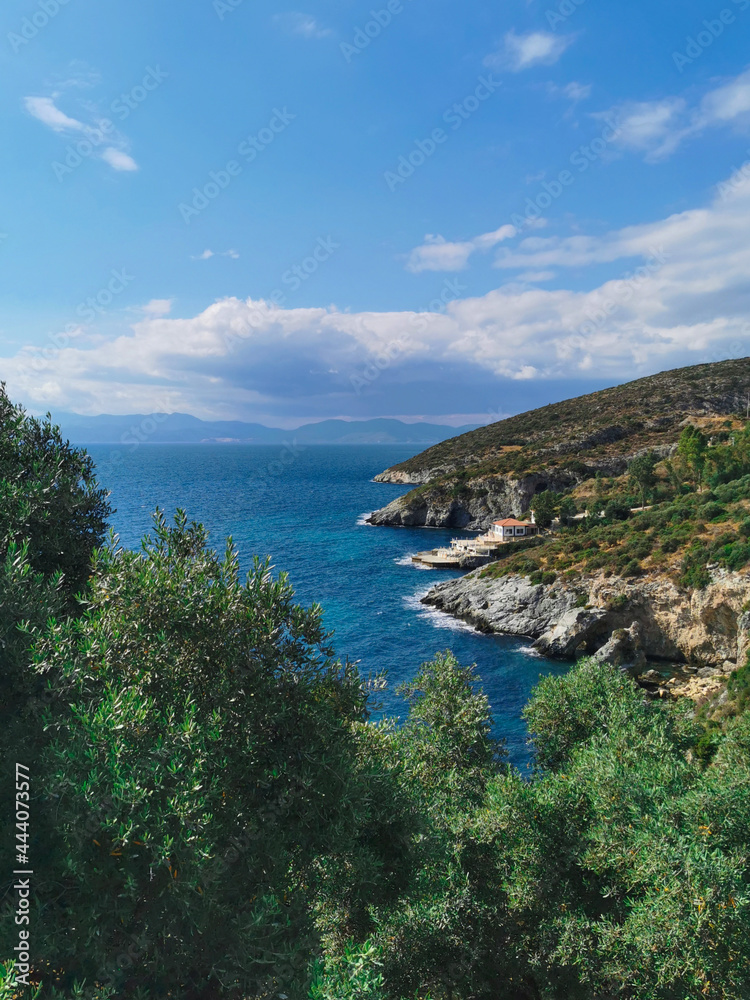 Panoramic views of the picturesque landscape with cliffs, blue Aegean sea and greenery. Turkey, Kusadasi. Europe.