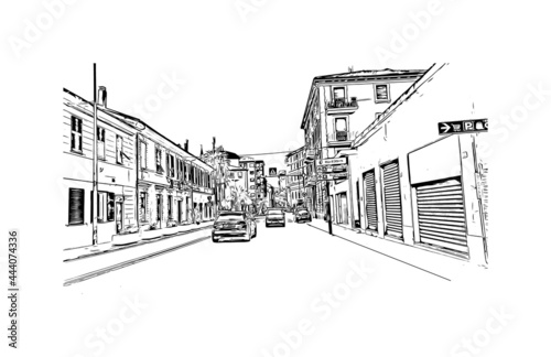 Building view with landmark of Imperia is the 
city in Italy. Hand drawn sketch illustration in vector.