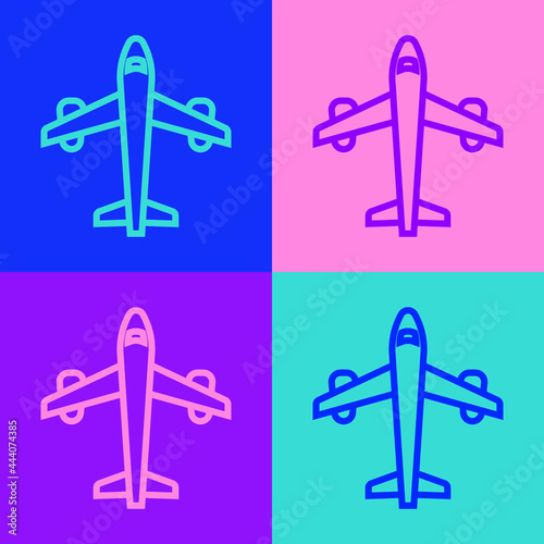 Pop art line Plane icon isolated on color background. Flying airplane icon. Airliner sign. Vector