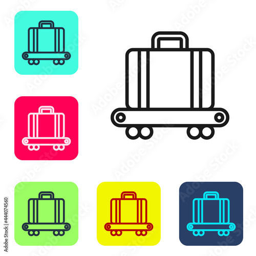 Black line Airport conveyor belt with passenger luggage, suitcase, bag, baggage icon isolated on white background. Set icons in color square buttons. Vector