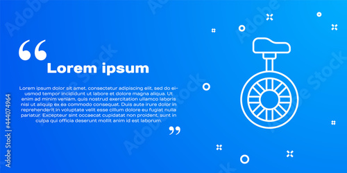 White line Unicycle or one wheel bicycle icon isolated on blue background. Monowheel bicycle. Vector