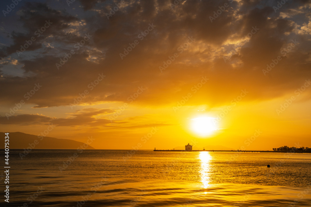 Beautiful sunlight with clouds at sunset in the Mediterranean Sea in Albania