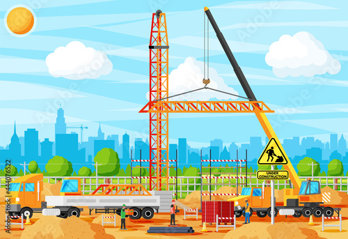 Construction Site Banner. Mixer, Workers, Concrete Piles, Tower Crane. Under Construction Design Background. Building Materials and Equipment. Cityscape, Skyline. Cartoon Flat Vector Illustration