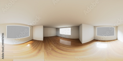 HDRI Environment Map. Empty White Room with Wood Floor. Window illuminates the space with bright natural Light. photo