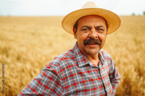 Farmer  in the hatstraw hat standing in a wheat field, looking at the crop. The concept of the agricultural business. © maxbelchenko