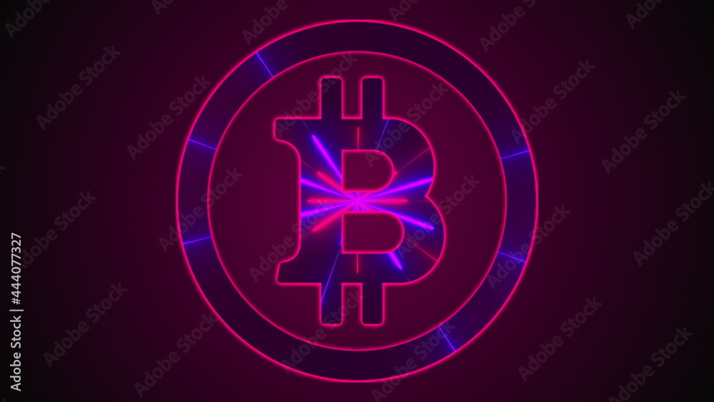 Bitcoin with neon lines. Computer generated digital emblem. 3d rendering cryptocurrency over web backdrop Bitcoin with neon lines. Computer generated digital emblem. 3d rendering cryptocurrency over web backdrop