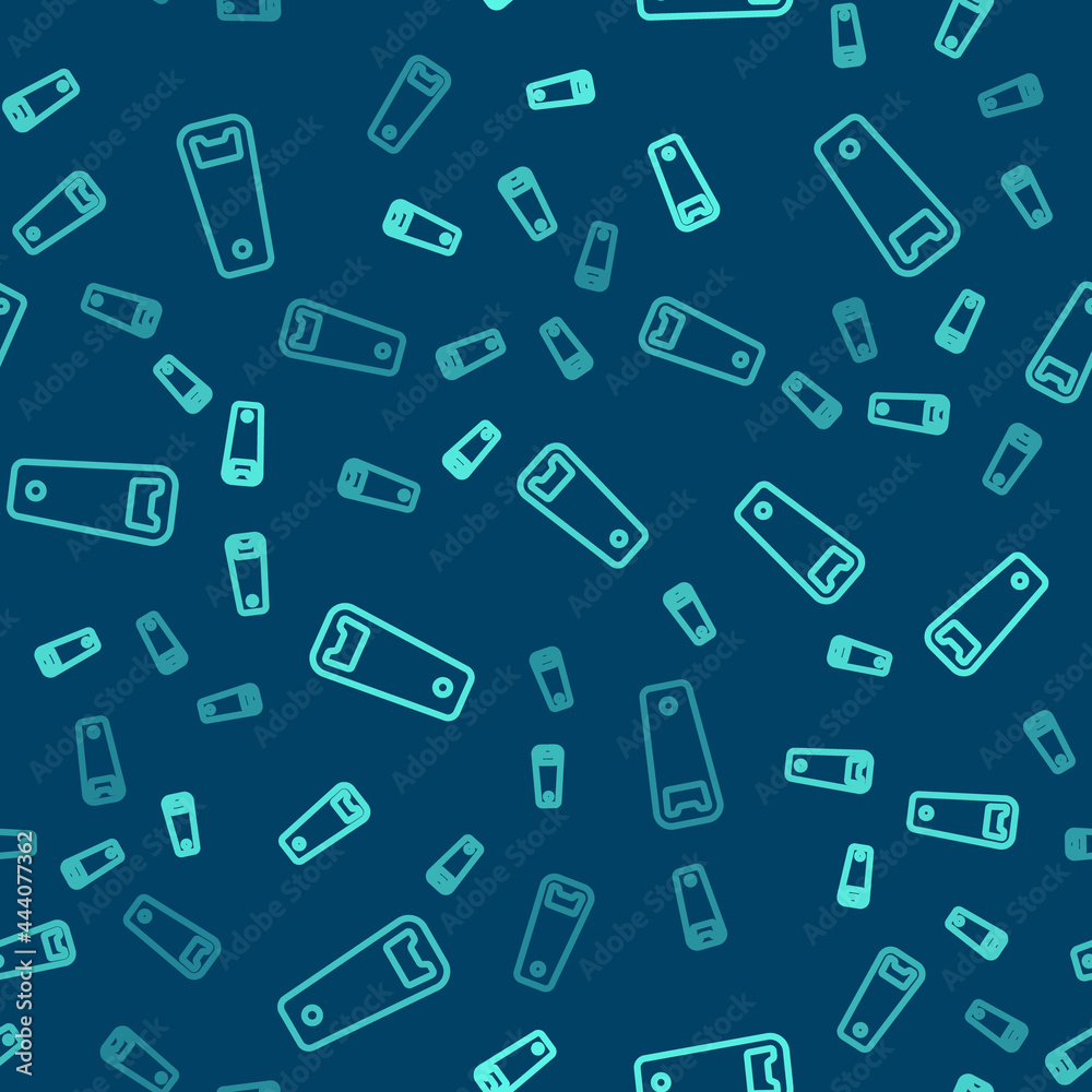 Green line Bottle opener icon isolated seamless pattern on blue background. Vector Green line Bottle opener icon isolated seamless pattern on blue background. Vector