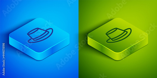 Isometric line Oktoberfest hat icon isolated on blue and green background. Hunter hat with feather. German hat. Square button. Vector