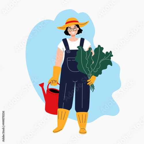 Smiling gardener with a watering can. Cartoon woman in work overalls, rubber boots, gloves and a hat. Young attractive farmer holding leaves. Vector illustration for poster, banner.