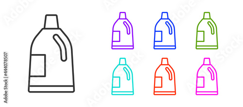 Black line Plastic bottle for laundry detergent, bleach, dishwashing liquid or another cleaning agent icon isolated on white background. Set icons colorful. Vector