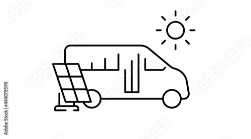 Eco-friendly motorhome vector outline icon. Solar panel with van bus. Renewable energy camper rv. Vanlife