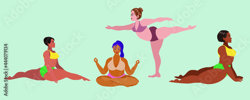 Plus size women of different nationalities practice yoga and sports. Plus size women lead a healthy lifestyle and exercise.