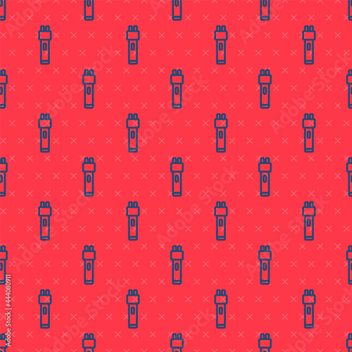 Blue line Police electric shocker icon isolated seamless pattern on red background. Shocker for protection. Taser is an electric weapon. Vector