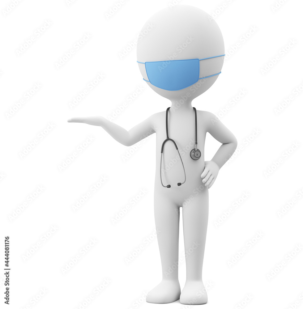 Cartoon character doctor in a blue mask points to an empty hand. 3d render. Cartoon character doctor in a blue mask points to an empty hand. 3d render.