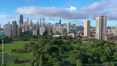 Aerial view of a city park with the Chicago skyline in the background