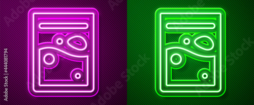 Glowing neon line Plastic bag of drug icon isolated on purple and green background. Health danger. Vector