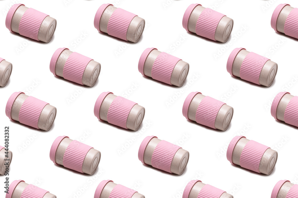 Isometric pattern of pink thermo cups on white background Isometric pattern of pink thermo cups on white background