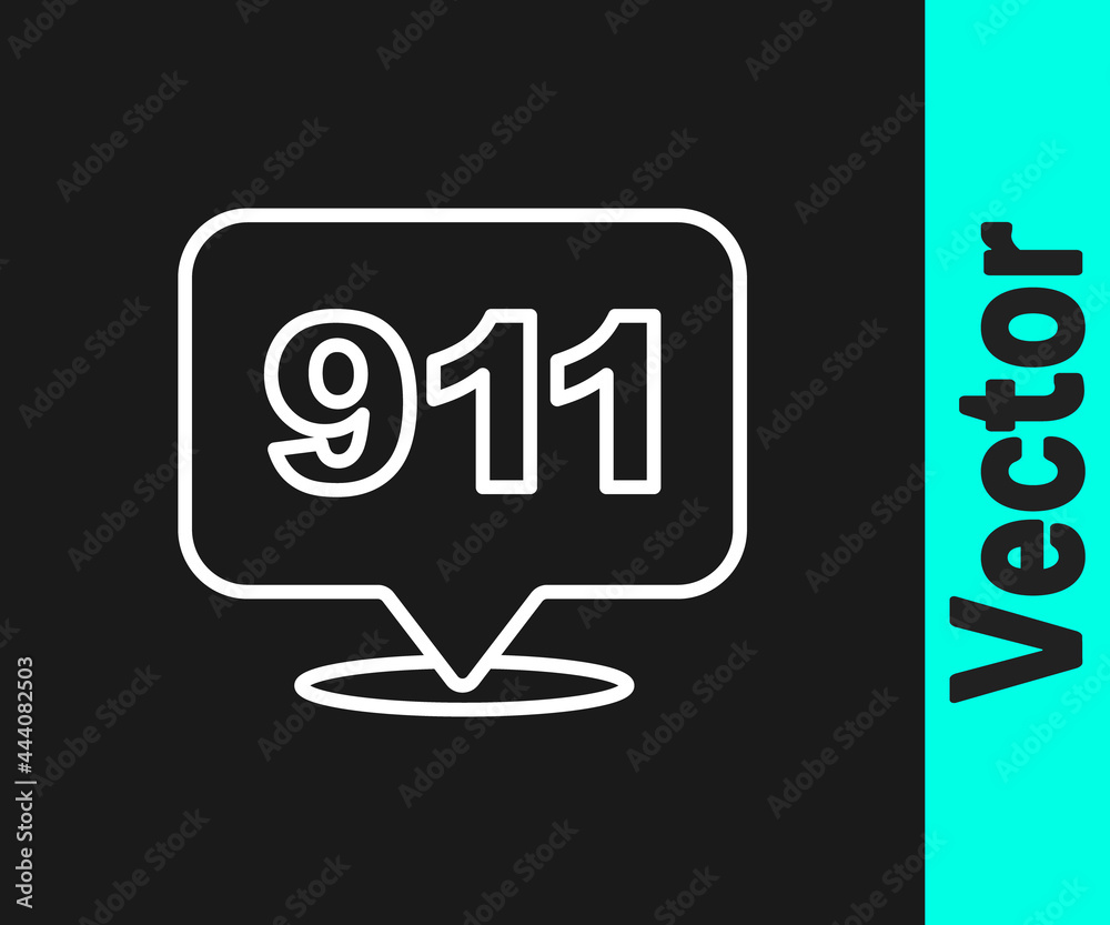 White line Telephone with emergency call 911 icon isolated on black background. Police, ambulance, fire department, call, phone. Vector White line Telephone with emergency call 911 icon isolated on black background. Police, ambulance, fire department, call, phone. Vector