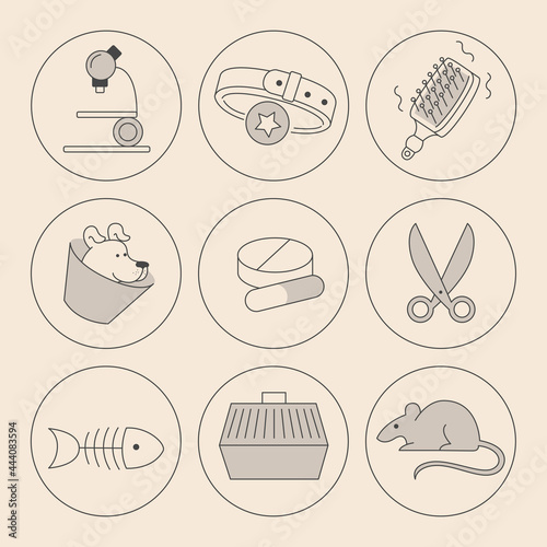 Set of minimalistic linear vector icons. Animals  pets  veterinary medicine  treatment and care. Grooming  medicine  food. Icons for a zoological shop or veterinary clinic.
